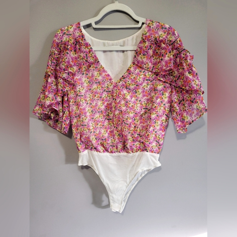 Lush pink floral wrap bodysuit size small